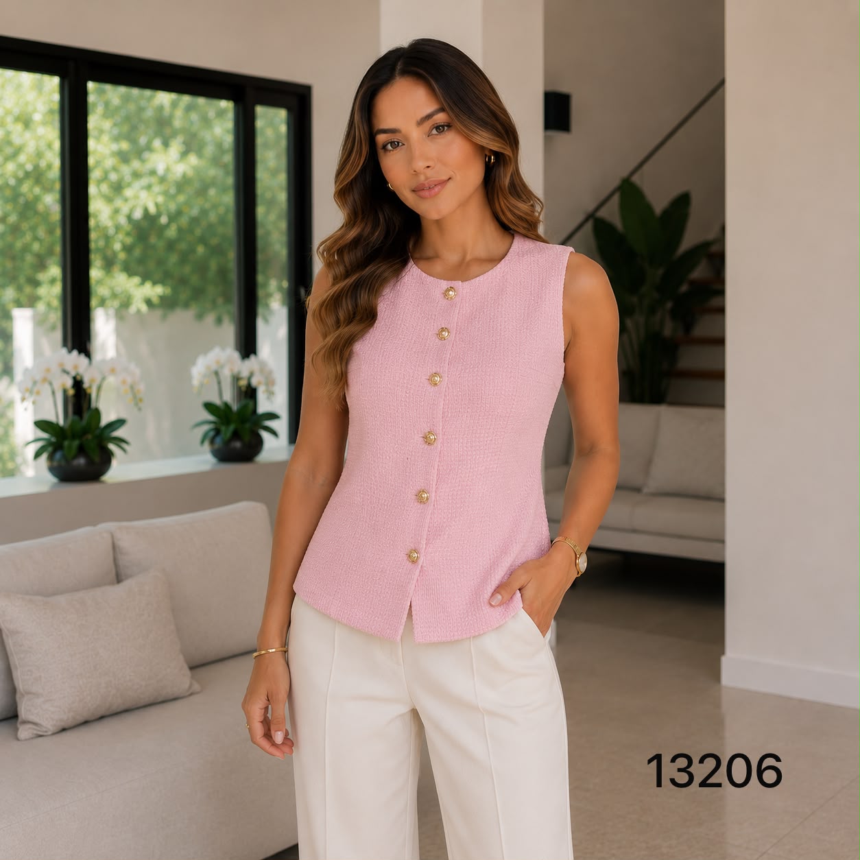 CHALECO LUXURY EN TELA GALLETA Y BOTONES LINEALES