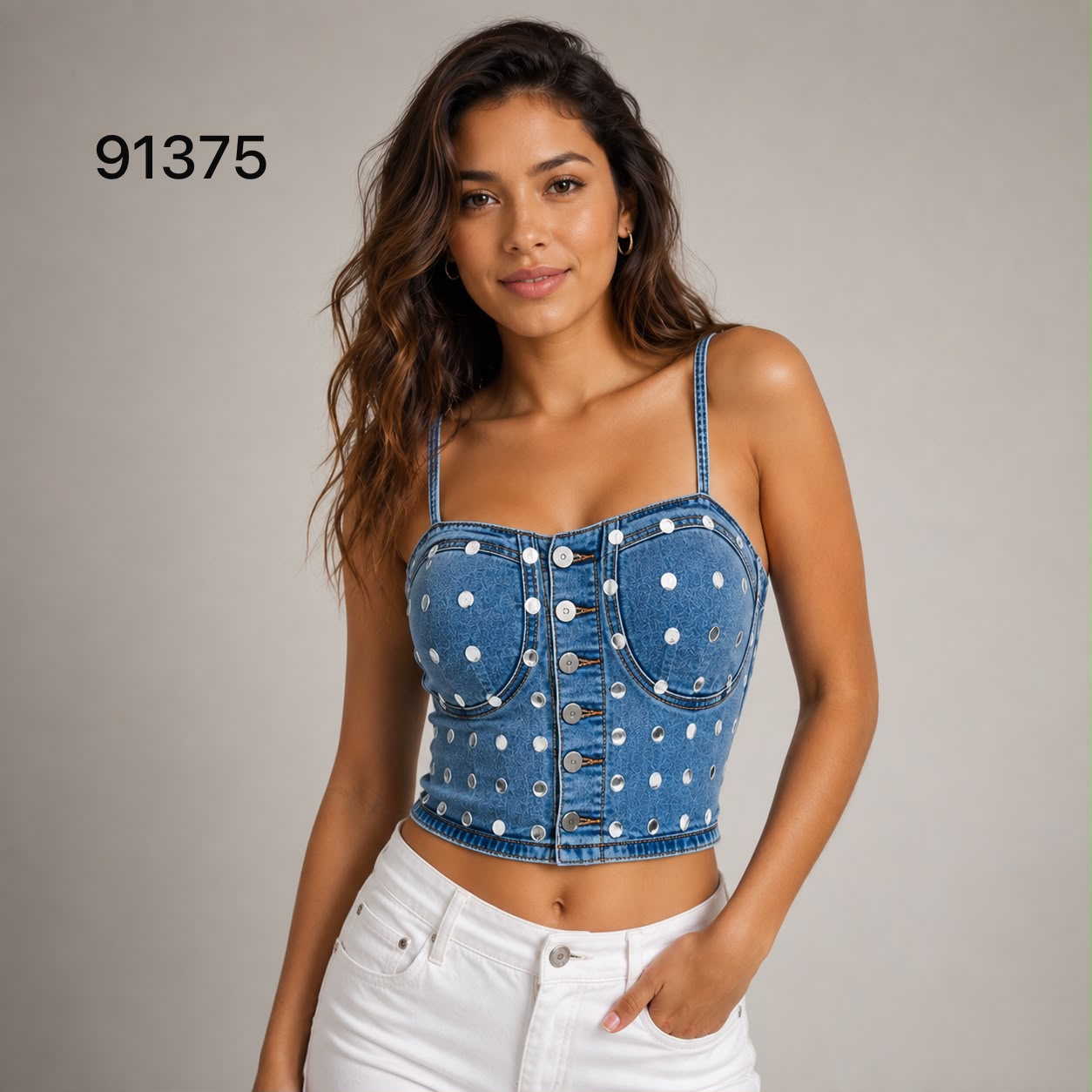 CORSET EN JEAN CON PUNTOS METALIZADOS