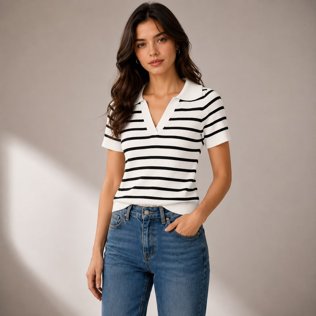 BLUSA EN HILO TIPO POLO RAYAS HORIZONTALES