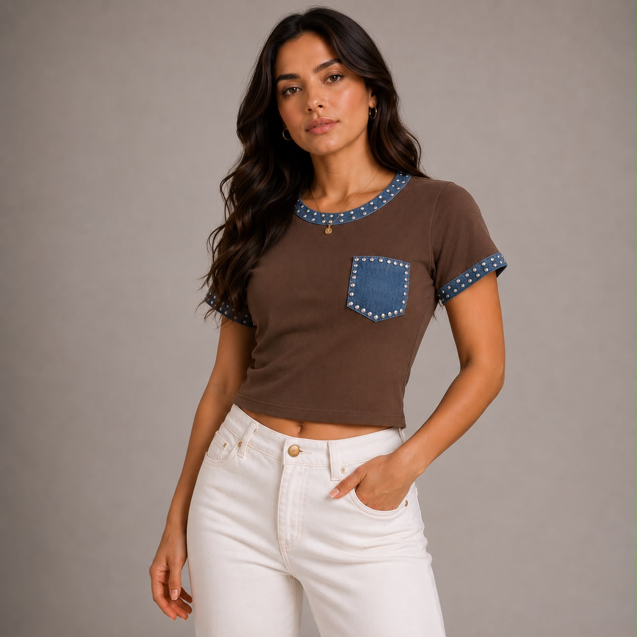 BLUSA CON BOLSILLO AZUL/ Y PIEDRAS