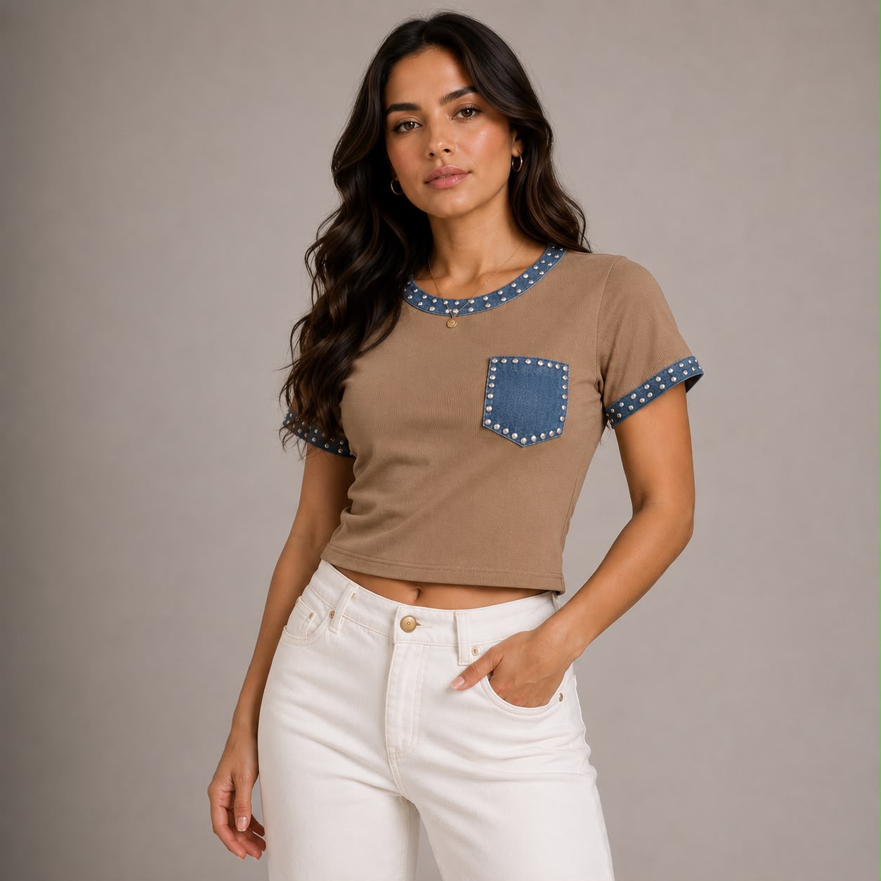 BLUSA CON BOLSILLO AZUL/ Y PIEDRAS