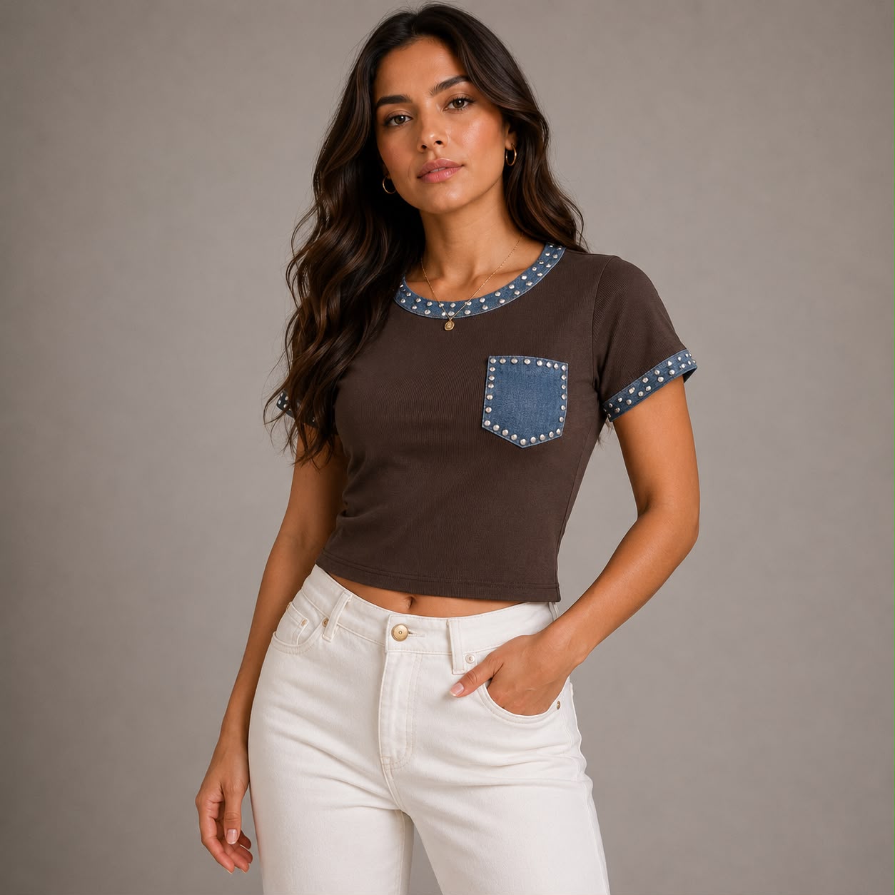BLUSA CON BOLSILLO AZUL/ Y PIEDRAS