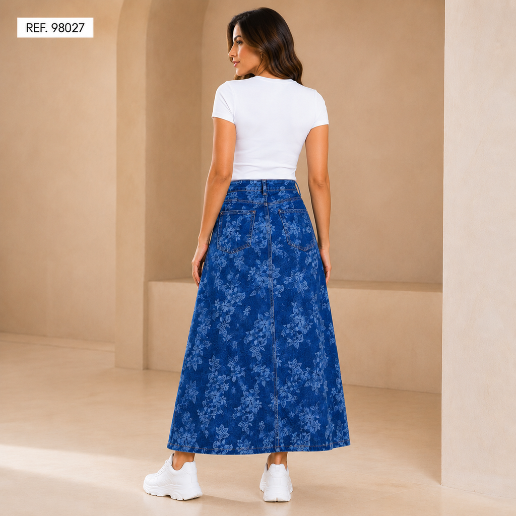 FALDA DE JEAN LARGA CON FLORES