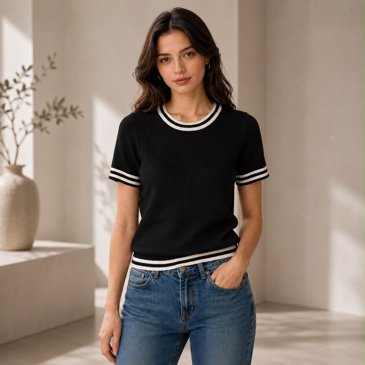 BLUSA EN HILO CUELLO REDONDO RAYAS