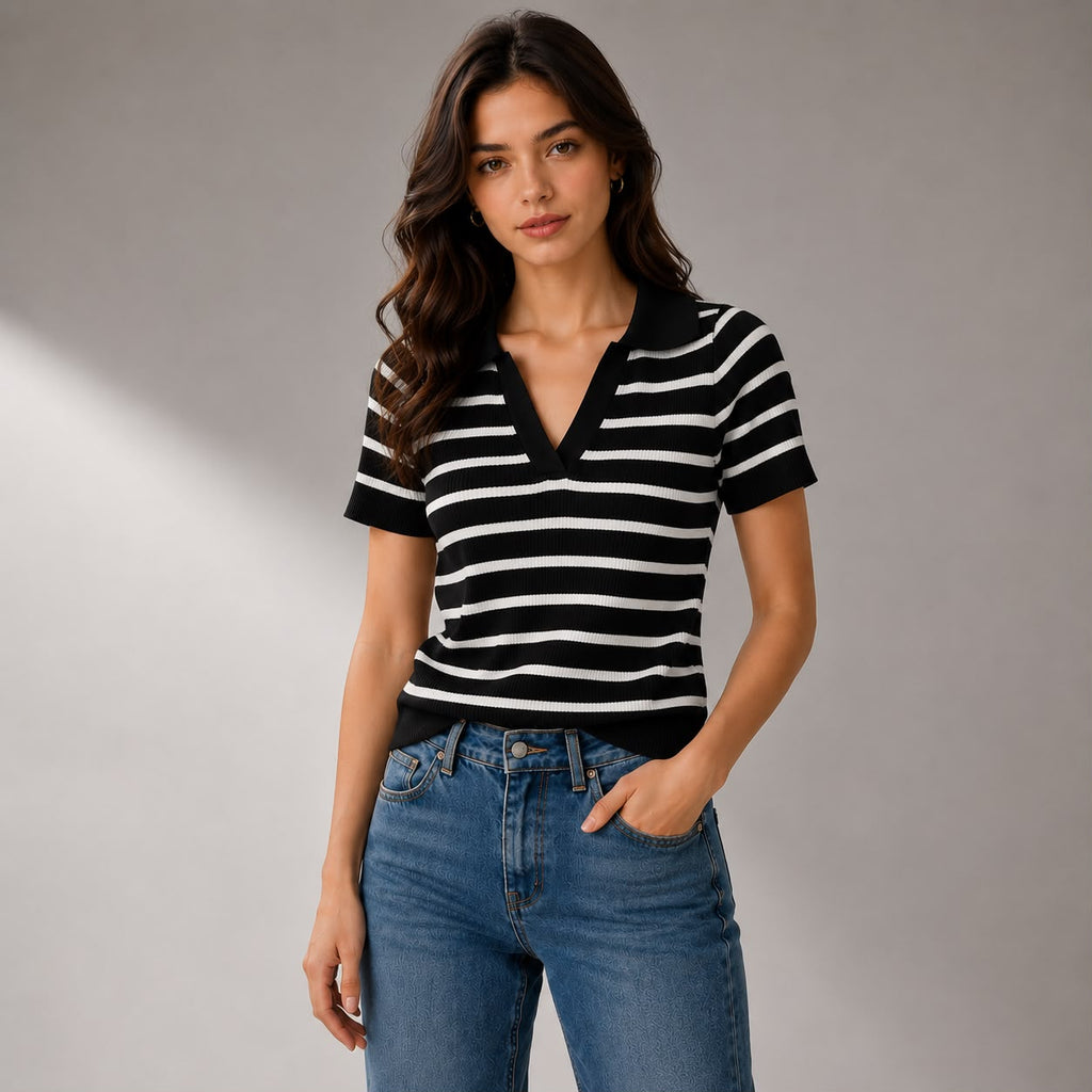BLUSA EN HILO TIPO POLO RAYAS HORIZONTALES