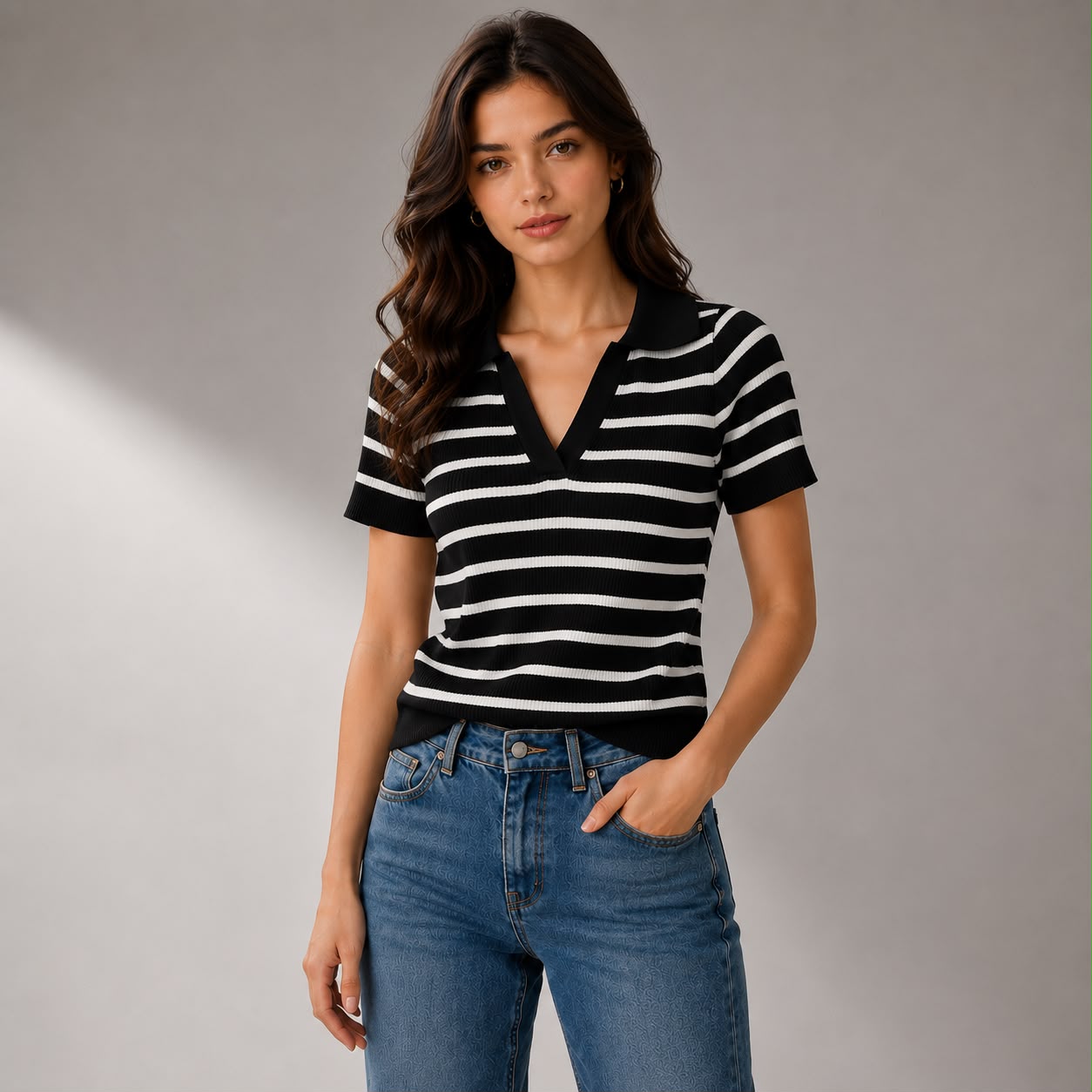 BLUSA EN HILO TIPO POLO RAYAS HORIZONTALES