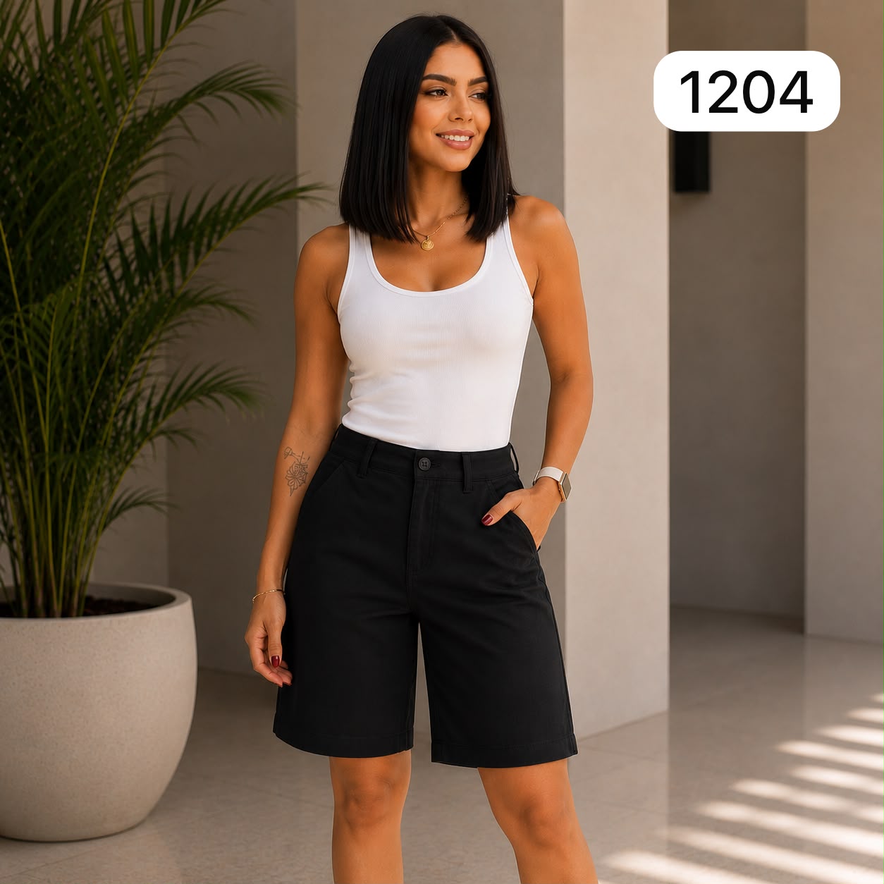 SHORT NEGRO DE TELA SEMIDRILL LICRADA