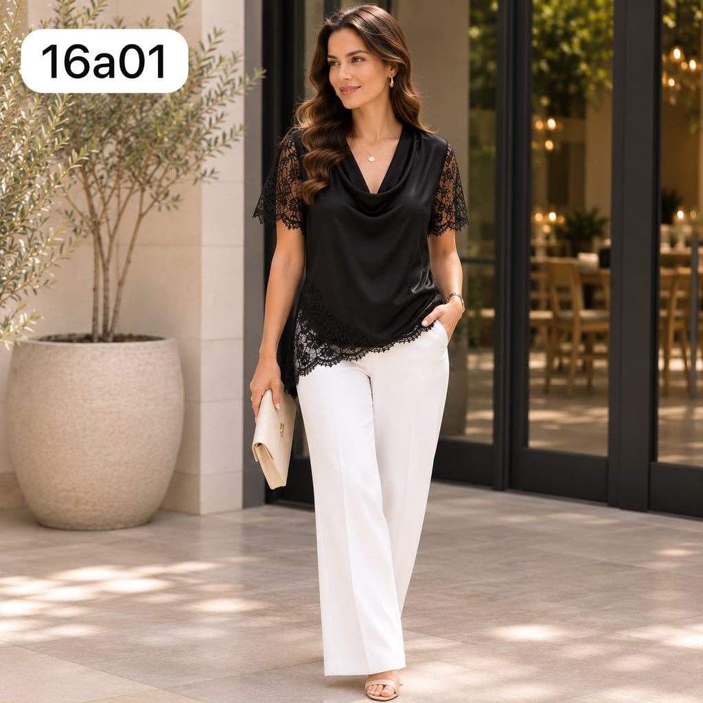 BLUSA CON CUELLO BOBO CON ENCAJE