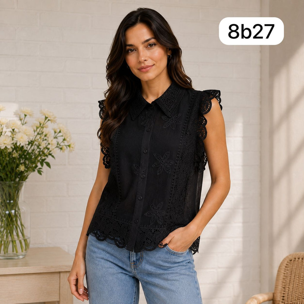 BLUSA ELEGANTE-DETALLES FLORALES-CUELLO CAMISERO-MANGA VOLANTE