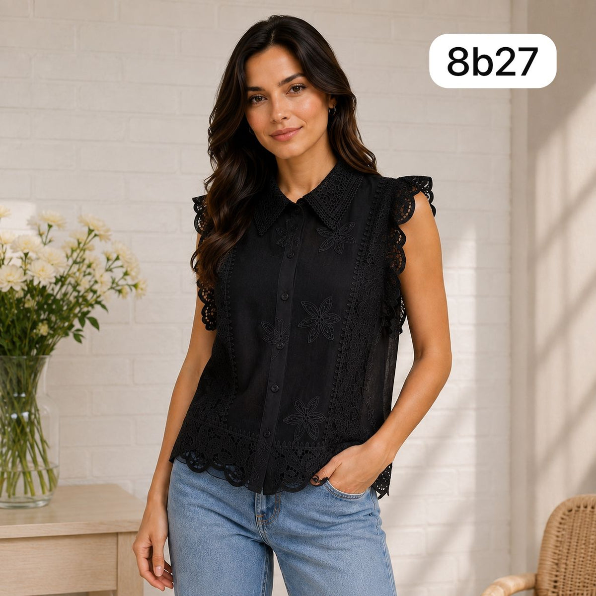 BLUSA ELEGANTE-DETALLES FLORALES-CUELLO CAMISERO-MANGA VOLANTE