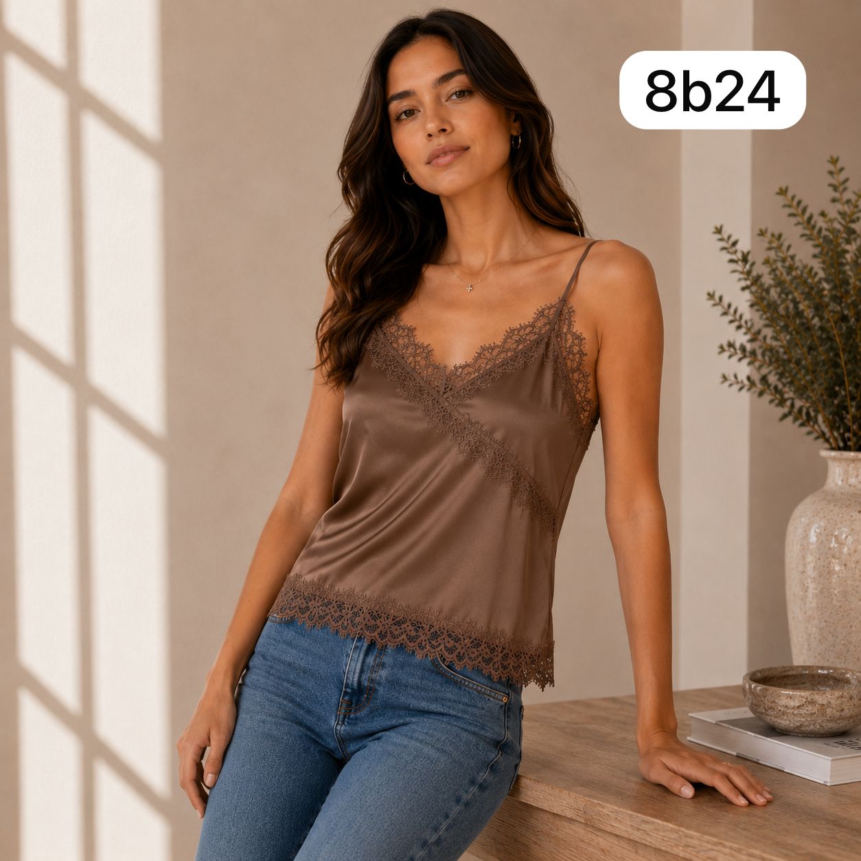 BLUSA DE TIRAS SATINADA CON ENCAJE