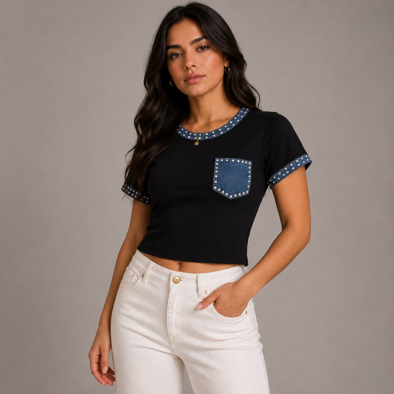 BLUSA CON BOLSILLO AZUL/ Y PIEDRAS